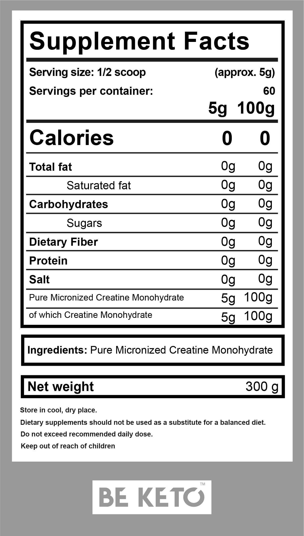 BeKeto Creatine Monohydrate (300 g)