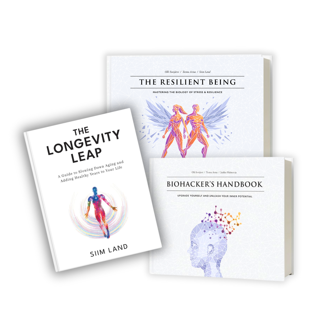 The Resilient Being + Biohackers Handbook + Longevity Leap (Paketti)