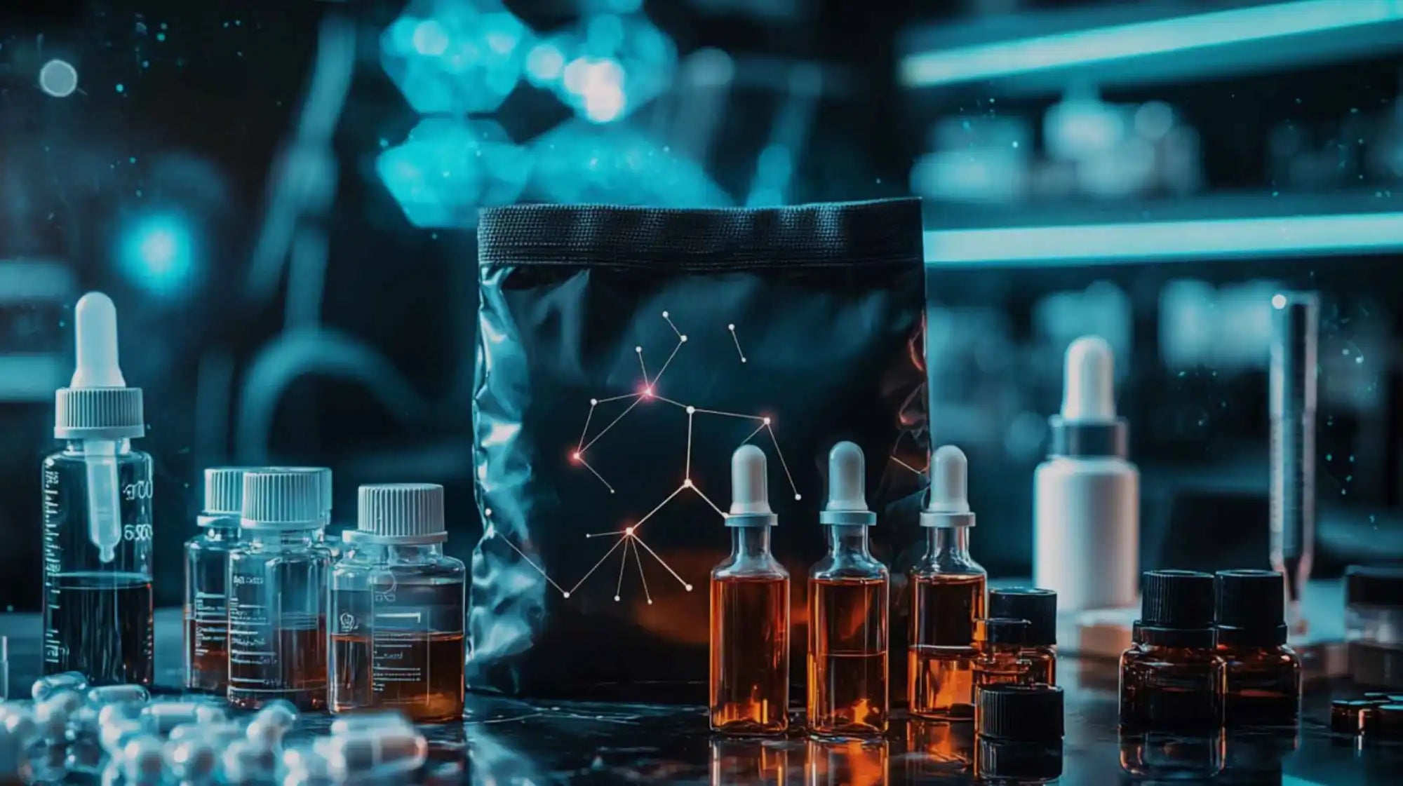 Glass vials and dropper bottles containing amber-colored liquid arranged alongside a dark package with constellation artwork.